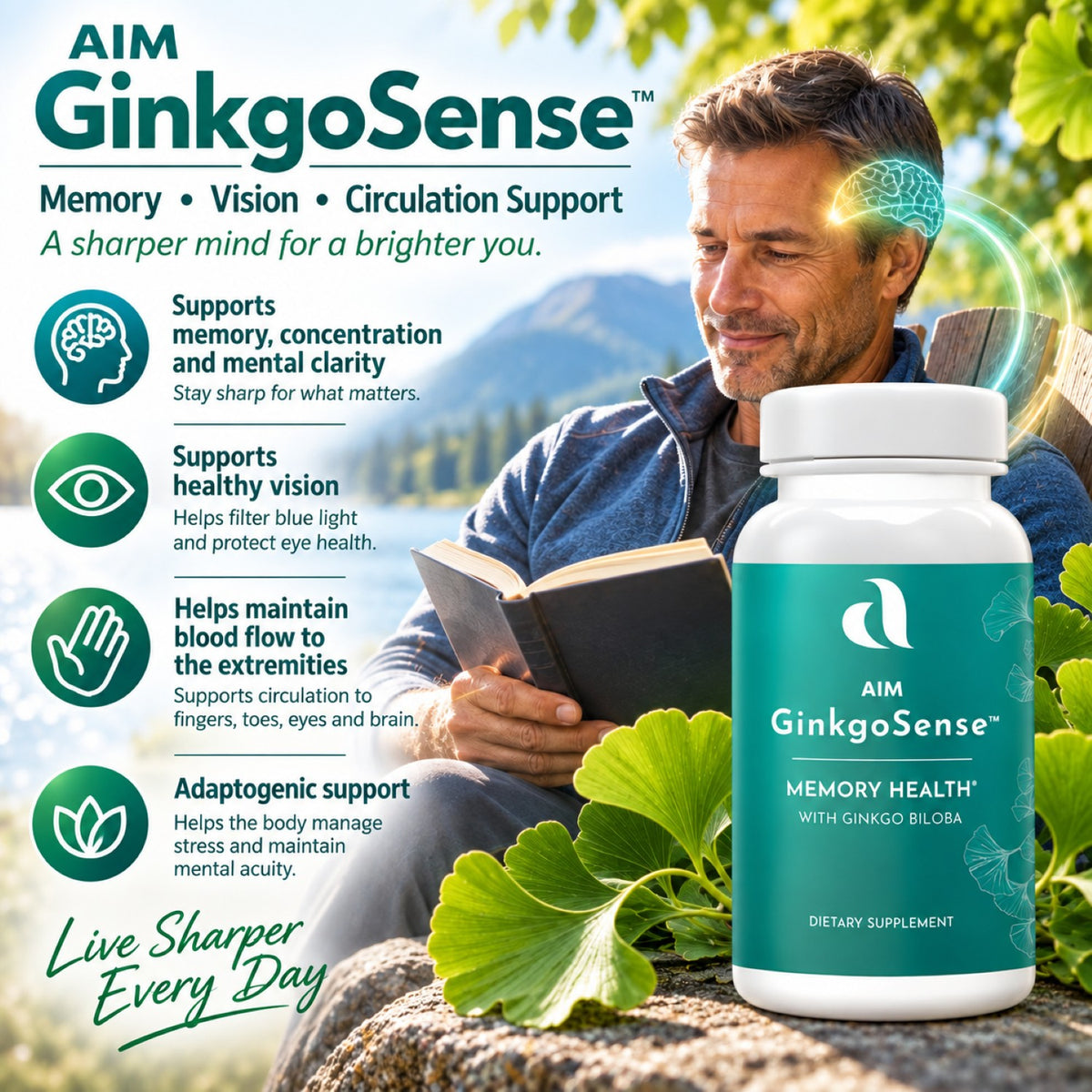 Aim GinkgoSense dietary supplement bottle shown in front of a lifestyle photo of a man reading outdoors, with green leaves and text highlighting memory, vision, and circulation support.