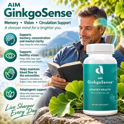 Aim GinkgoSense dietary supplement bottle shown in front of a lifestyle photo of a man reading outdoors, with green leaves and text highlighting memory, vision, and circulation support.