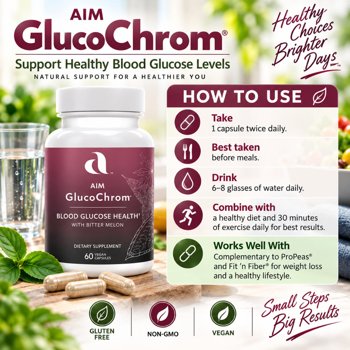 AIM GlucoChrom dietary supplement bottle and capsules on a styled background with usage instructions, health claims, and ingredient icons.