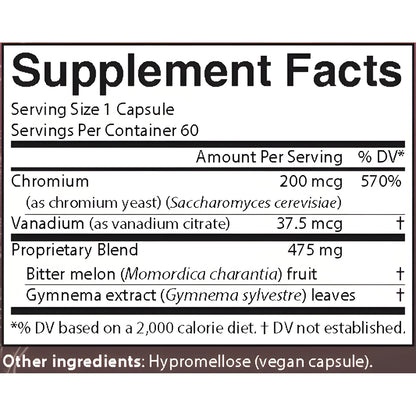 A close-up of AIM GlucoChrom supplement facts label. The label lists serving size 1 capsule, servings per container 60, and nutrients including chromium, Vanadium, Bitter melon, and Gymnema extract leaves.