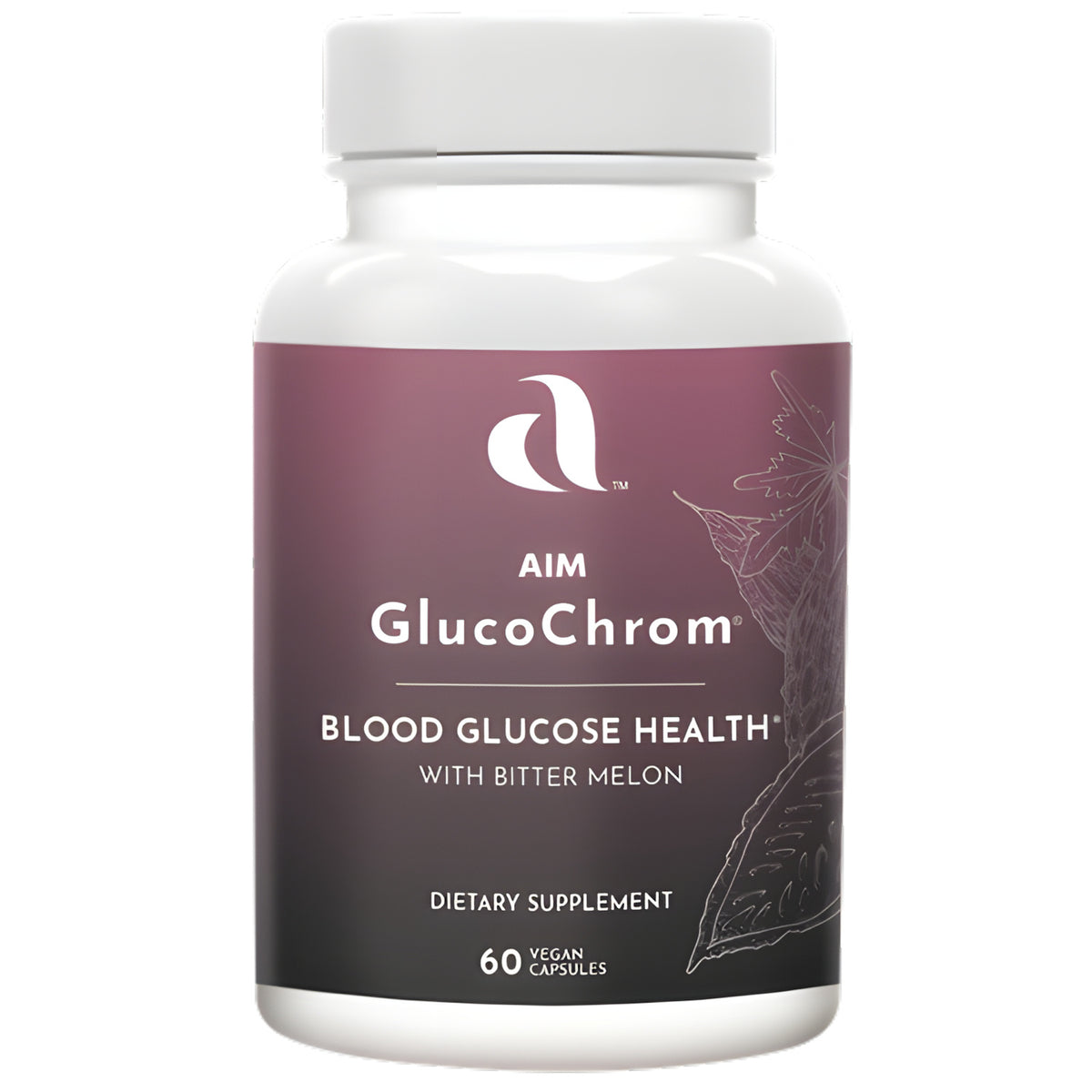 A white plastic bottle of Aim GlucoChrom , with Bitter Melon, dietary supplement with a dark purple and black label, on a solid white background.
