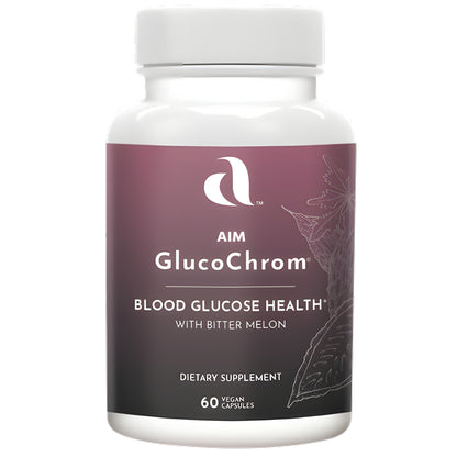 A white plastic bottle of Aim GlucoChrom , with Bitter Melon, dietary supplement with a dark purple and black label, on a solid white background.