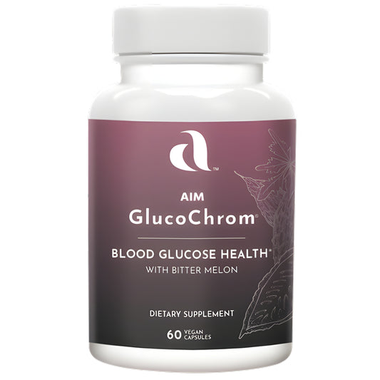 A white plastic bottle of Aim GlucoChrom , with Bitter Melon, dietary supplement with a dark purple and black label, on a solid white background.