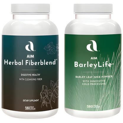 Two white supplement bottles on a plain white background: AIM Herbal Fiberblend capsules on the left with a dark teal-to-brown label, and AIM BarleyLife capsules on the right with a green-to-light-green label.