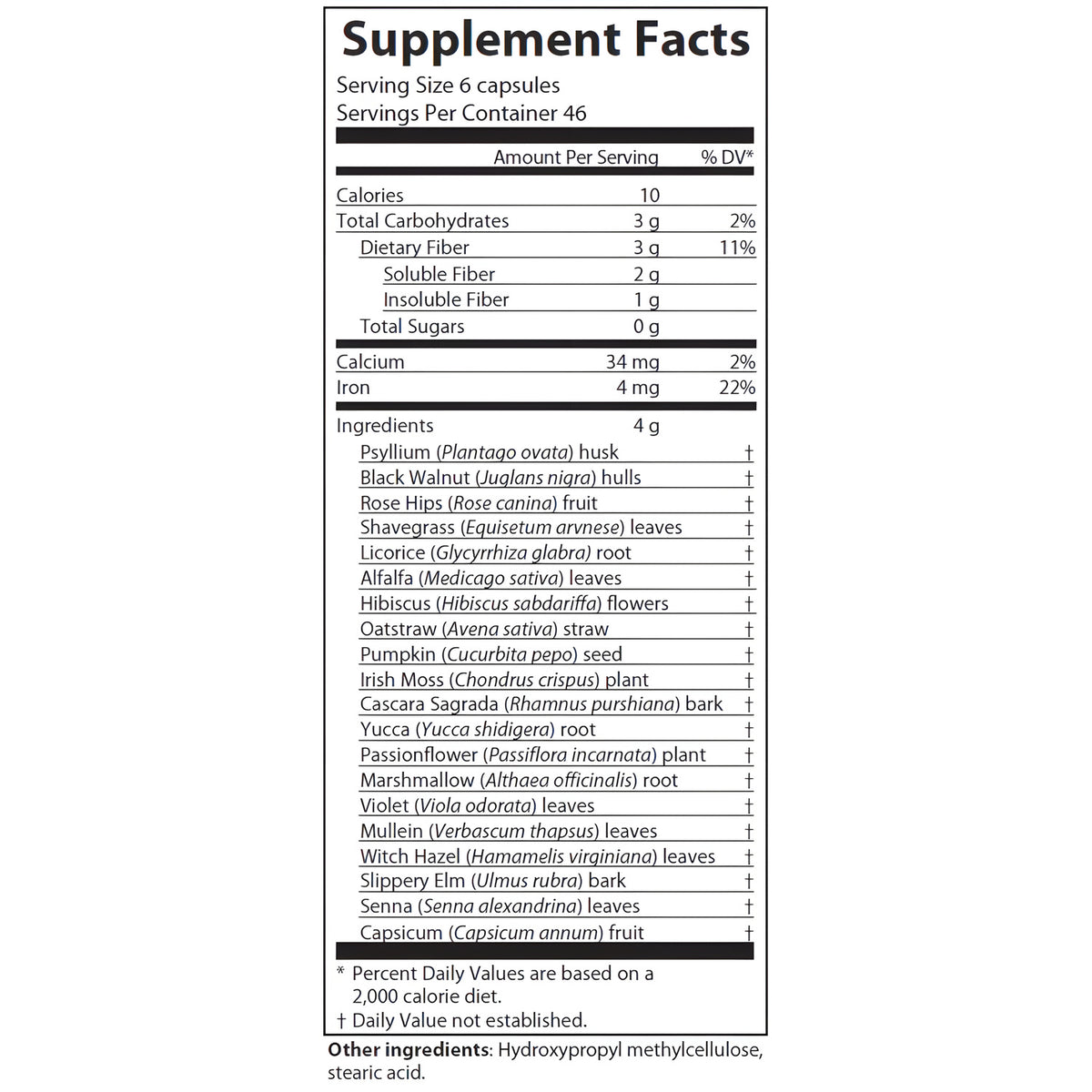 AIM herbal fiberblend capsules Supplement Facts nutrition label panel showing serving size 6 capsules, calories, daily value percentages, ingredients list, and other ingredients note on a white background.