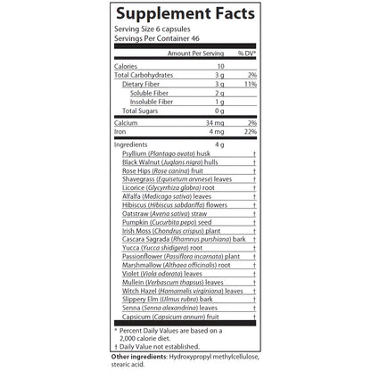 AIM herbal fiberblend capsules Supplement Facts nutrition label panel showing serving size 6 capsules, calories, daily value percentages, ingredients list, and other ingredients note on a white background.