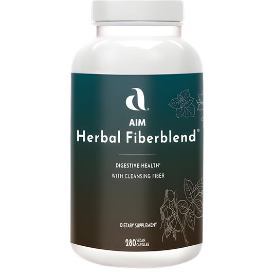 A white plastic bottle of AIM Herbal Fiberblend dietary supplement with a dark green and brown label, shown on a plain white background.