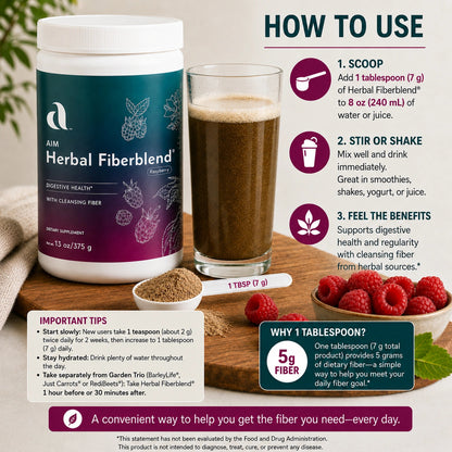 Aim Herbal Fiberblend dietary supplement packaging and usage guide, showing the dark green and purple bottle, a glass of prepared liquid, a bowl of fresh raspberries, and text instructions on a white background.