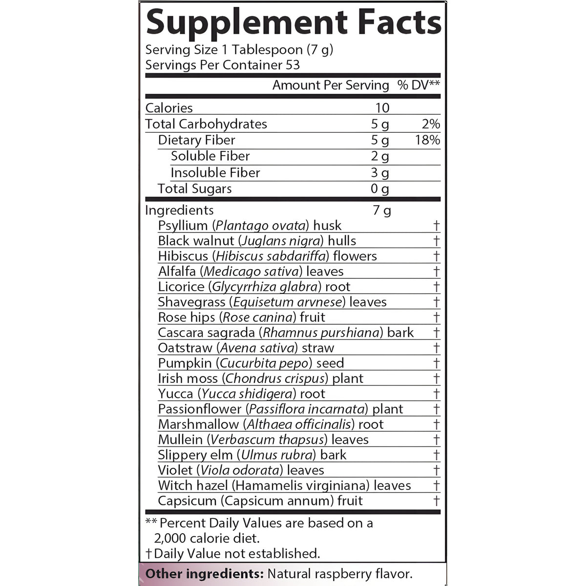 AIM Herbal Fiberblend - Raspberry Supplement Facts label showing serving size, nutrient amounts, and ingredient information.