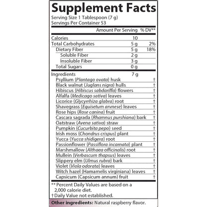 AIM Herbal Fiberblend - Raspberry Supplement Facts label showing serving size, nutrient amounts, and ingredient information.