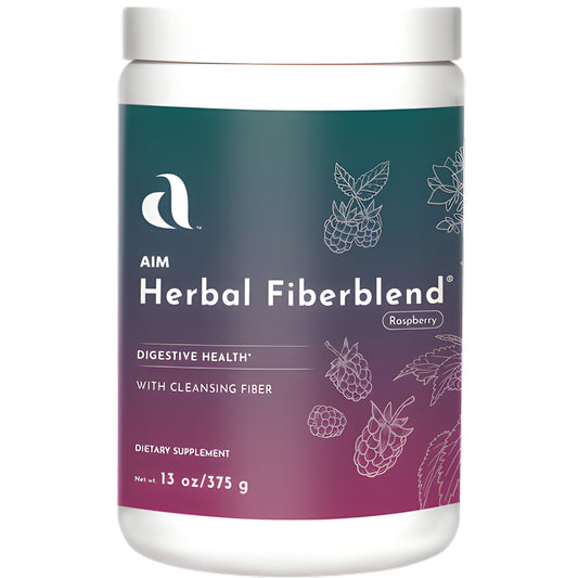 A white plastic tub of AIM Herbal Fiberblend dietary supplement, featuring a dark teal and magenta gradient label with white text and illustrations of raspberries.