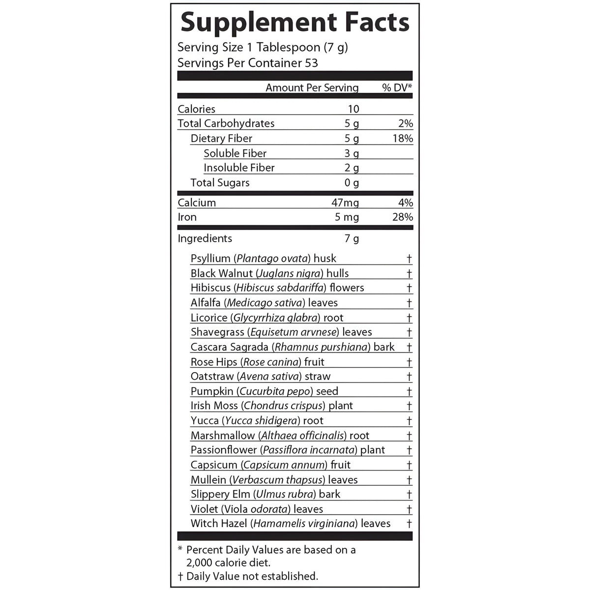 AIM Herbal Fiberblend Supplement Facts label showing serving size, nutrient amounts, and ingredient information.