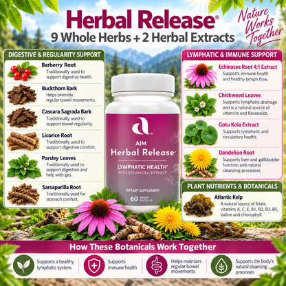 AIM Herbal Release lymphatic health supplement bottle shown against a colorful botanical infographic background detailing the benefits of each of the nine whole herbs and two extracts.  It includes barberry, buckthorn, cascara sagrada, chickweed, dandelion, echinacea, gotu kola, Atlantic kelp, licorice, parsley, and sarsaparilla.