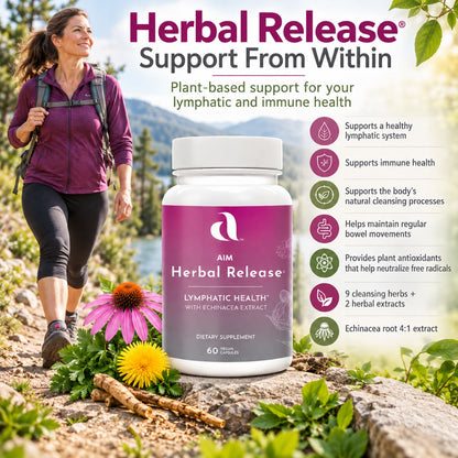 AIM Herbal Release  Lymphatic Health dietary supplement bottle shown in front of a woman hiking outdoors, with marketing text and benefit icons on a scenic mountain trail background.