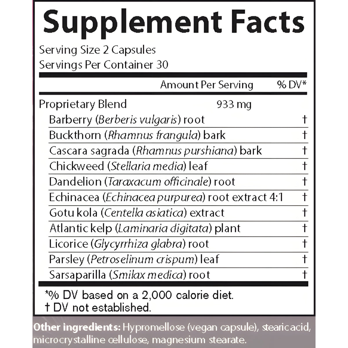 AIM Herbal Release supplement facts label showing a proprietary blend of barberry, buckthorn, cascara sagrada, chickweed, dandelion, echinacea, gotu kola, Atlantic kelp, licorice, parsley, and sarsaparilla.