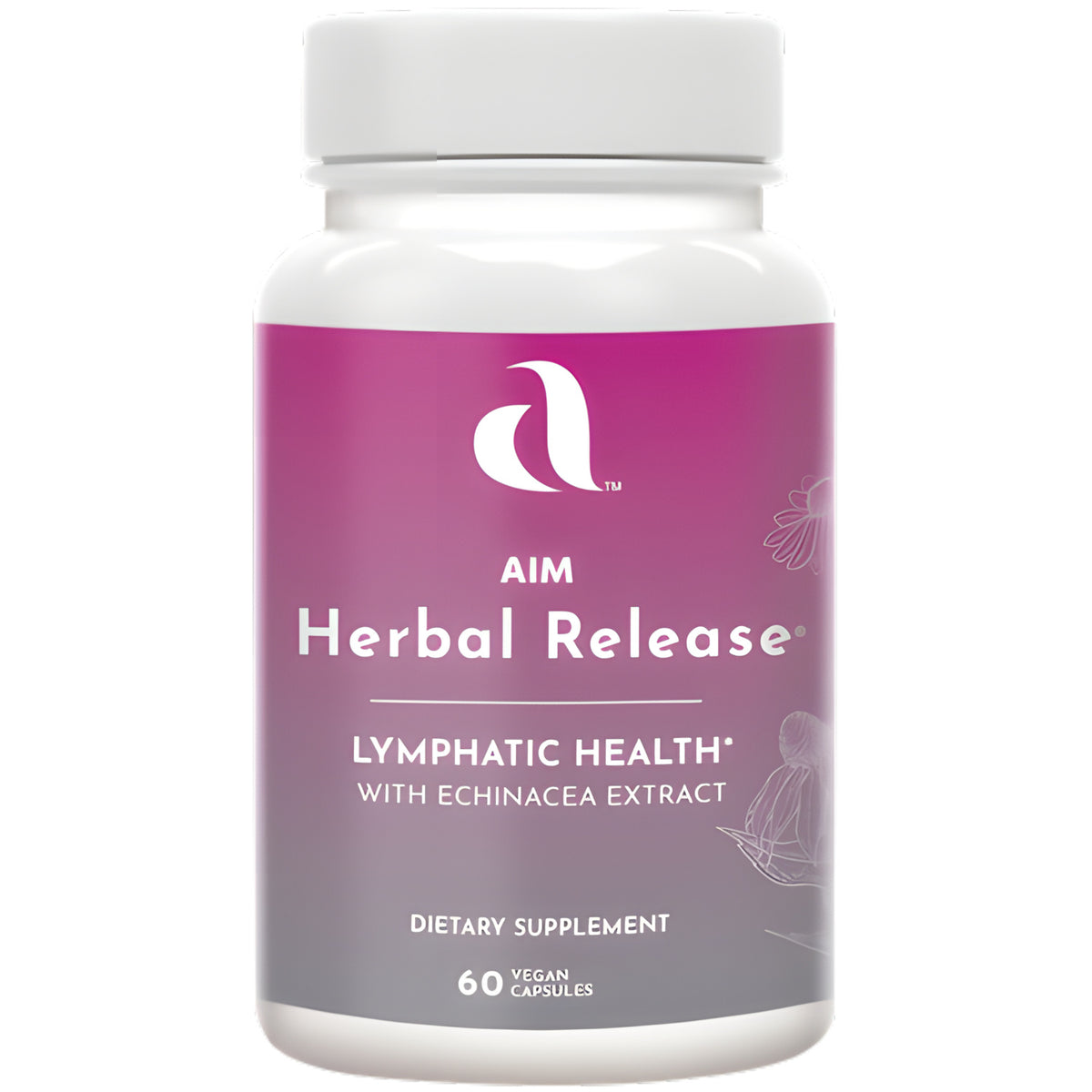 A white plastic bottle of AIM Herbal Release Lymphatic Health dietary supplement with Echinacea Extract, in a pink-to-purple label, on a white background.