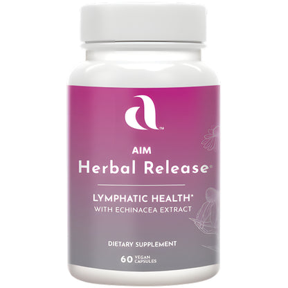 A white plastic bottle of AIM Herbal Release Lymphatic Health dietary supplement with Echinacea Extract, in a pink-to-purple label, on a white background.