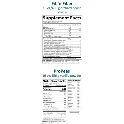 Two supplement facts label panels on a white background, labeled Fit 'n Fiber in peach powder and ProPeas in vanilla powder, with ingredient and nutrition information shown in teal text.