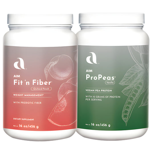 Two white plastic supplement tubs from AIM on a plain white background. The left jar is labeled AIM Fit 'n Fiber in Orchard Peach flavor, with a peach-colored label.  The right jar is AIM ProPeas.