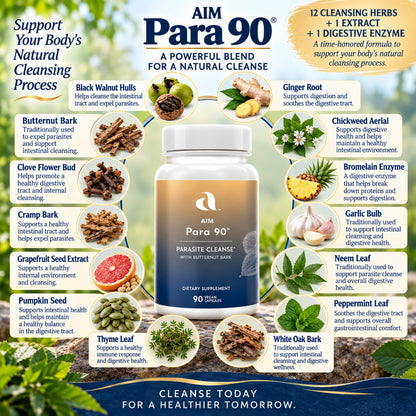AIM Para 90® bottle with black walnut hull, ginger root, chickweed, butternut bark, clove flower bud, cramp bark, garlic bulb, neem leaf, peppermint leaf, pumpkin seed, thyme leaf, white oak bark, grapefruit seed extract, and bromelain.