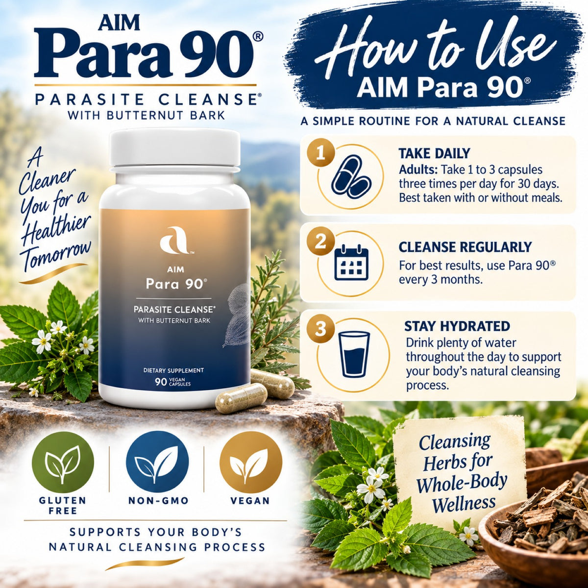 AIM Para 90® bottle with instructions for using the vegan capsules.