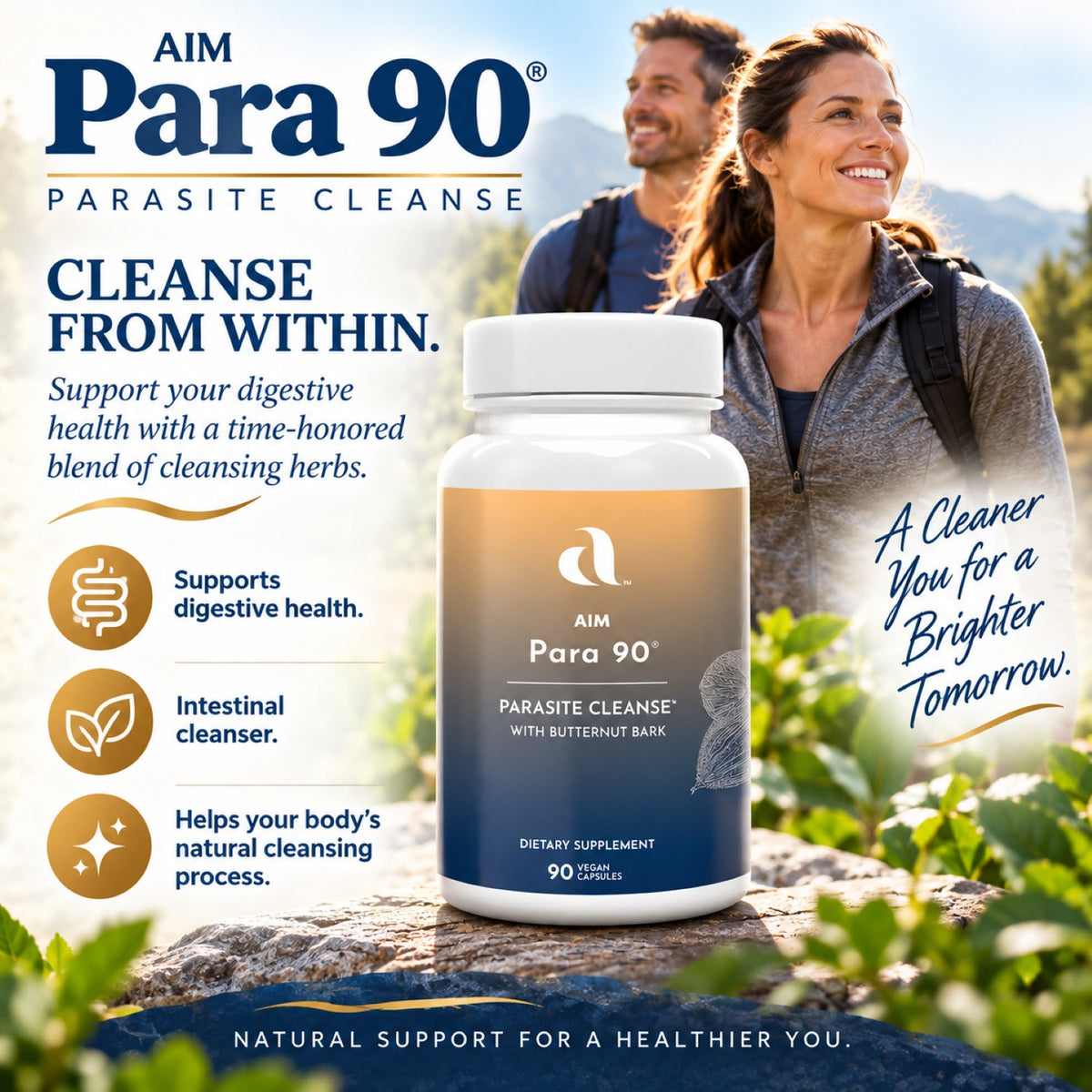 AIM Para 90® 90 vegan capsules bottle shown in a lifestyle setting.