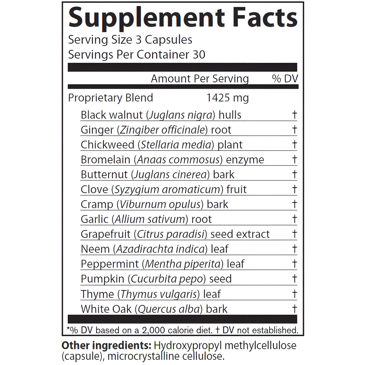 AIM Para 90® supplement facts label listing black walnut hull, ginger root, chickweed, butternut bark, clove flower bud, cramp bark, garlic bulb, neem leaf, peppermint leaf, pumpkin seed, thyme leaf, white oak bark, grapefruit seed extract, and bromelain.