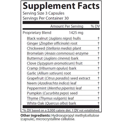 AIM Para 90® supplement facts label listing black walnut hull, ginger root, chickweed, butternut bark, clove flower bud, cramp bark, garlic bulb, neem leaf, peppermint leaf, pumpkin seed, thyme leaf, white oak bark, grapefruit seed extract, and bromelain.