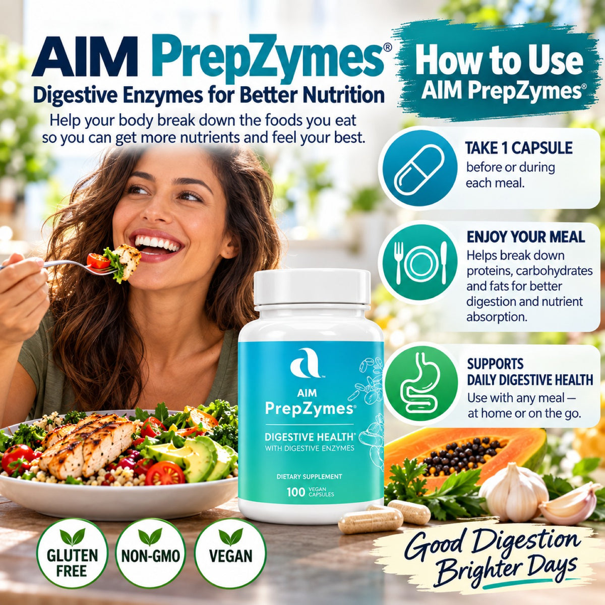 AIM PrepZymes how-to-use graphic showing one capsule before or during each meal, with gluten-free, non-GMO, and vegan highlights