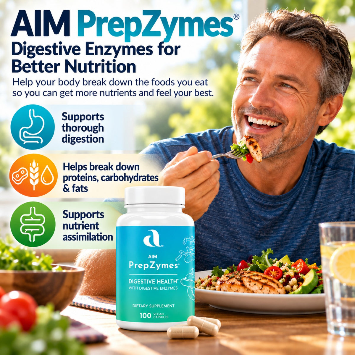 AIM PrepZymes digestive enzyme supplement shown with a person enjoying a healthy meal, highlighting support for thorough digestion and nutrient assimilation