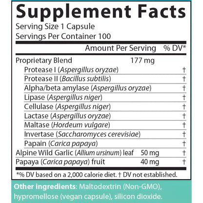 AIM PrepZymes Supplement Facts showing a 1-capsule serving, 177 mg proprietary enzyme blend, papaya fruit, and alpine wild garlic leaf