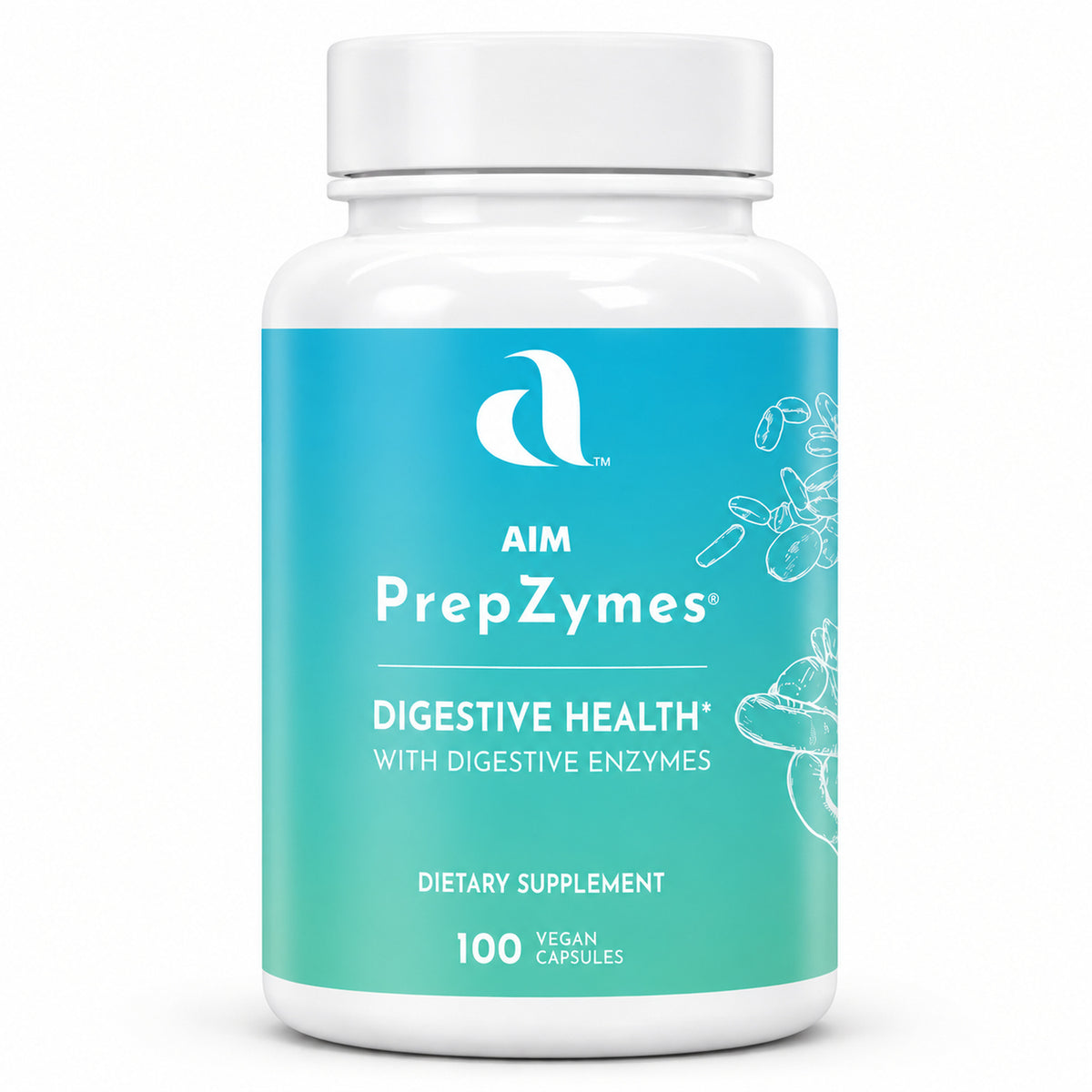 AIM PrepZymes digestive enzyme supplement, 100 vegan capsules, in a white bottle with teal label