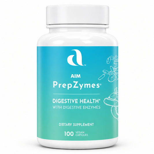 AIM PrepZymes digestive enzyme supplement, 100 vegan capsules, in a white bottle with teal label
