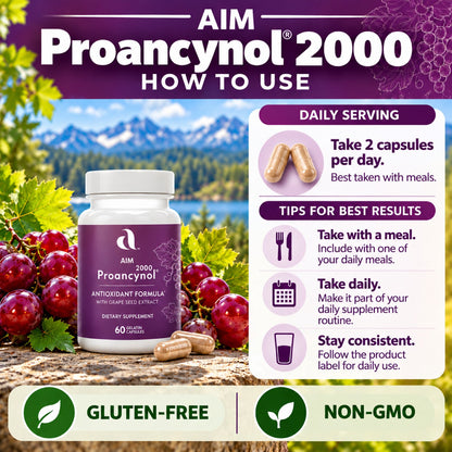 AIM Proancynol 2000 dietary supplement bottle shown with capsules, grapes, and a scenic mountain background, alongside usage instructions and badges for gluten-free and non-GMO.