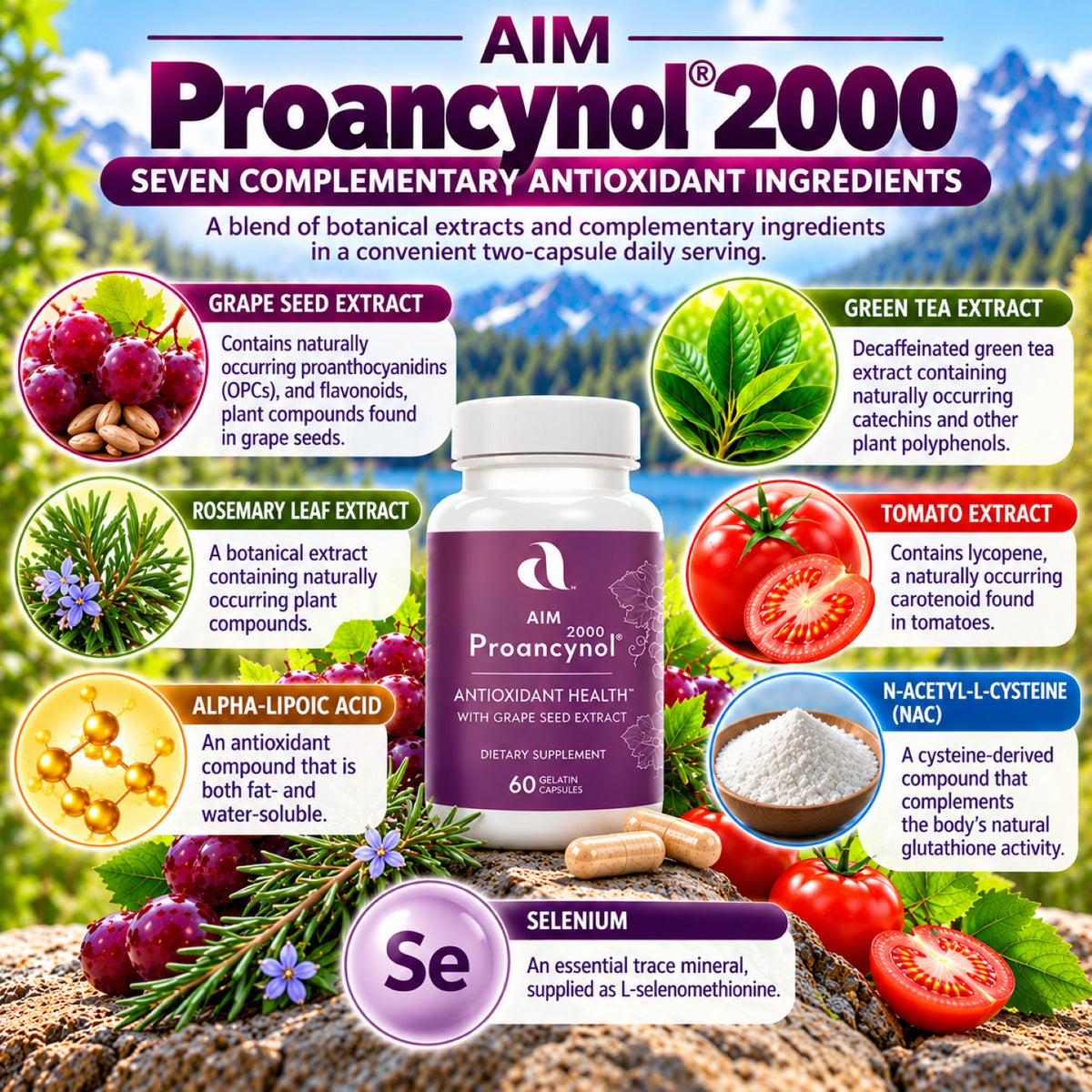 AIM Proancynol 2000 dietary supplement bottle centered on a colorful infographic background detailing seven botanical and supplement ingredients including grape seed, green tea, rosemary leaf, tomato, alpha-lipoic acid, N-acetyl-L-cysteine, and selenium.
