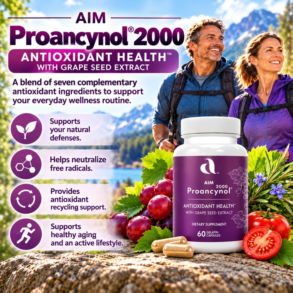 AIM Proancynol 2000 dietary supplement bottle with grape seed extract, shown on a rocky outdoor trail with a smiling couple in the background, alongside grapes, tomatoes, and ingredient callout icons.