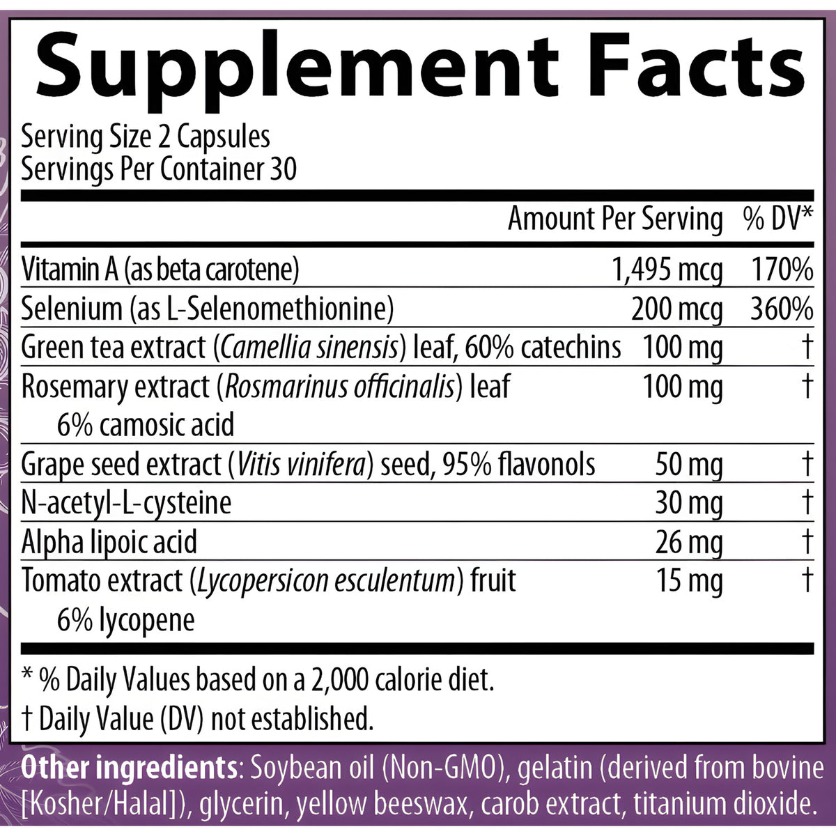 AIM Proancynol 2000 Supplement Facts showing vitamin A, selenium, green tea extract, rosemary extract, grape seed extract, N-acetyl-L-cysteine, alpha-lipoic acid, and tomato extract.