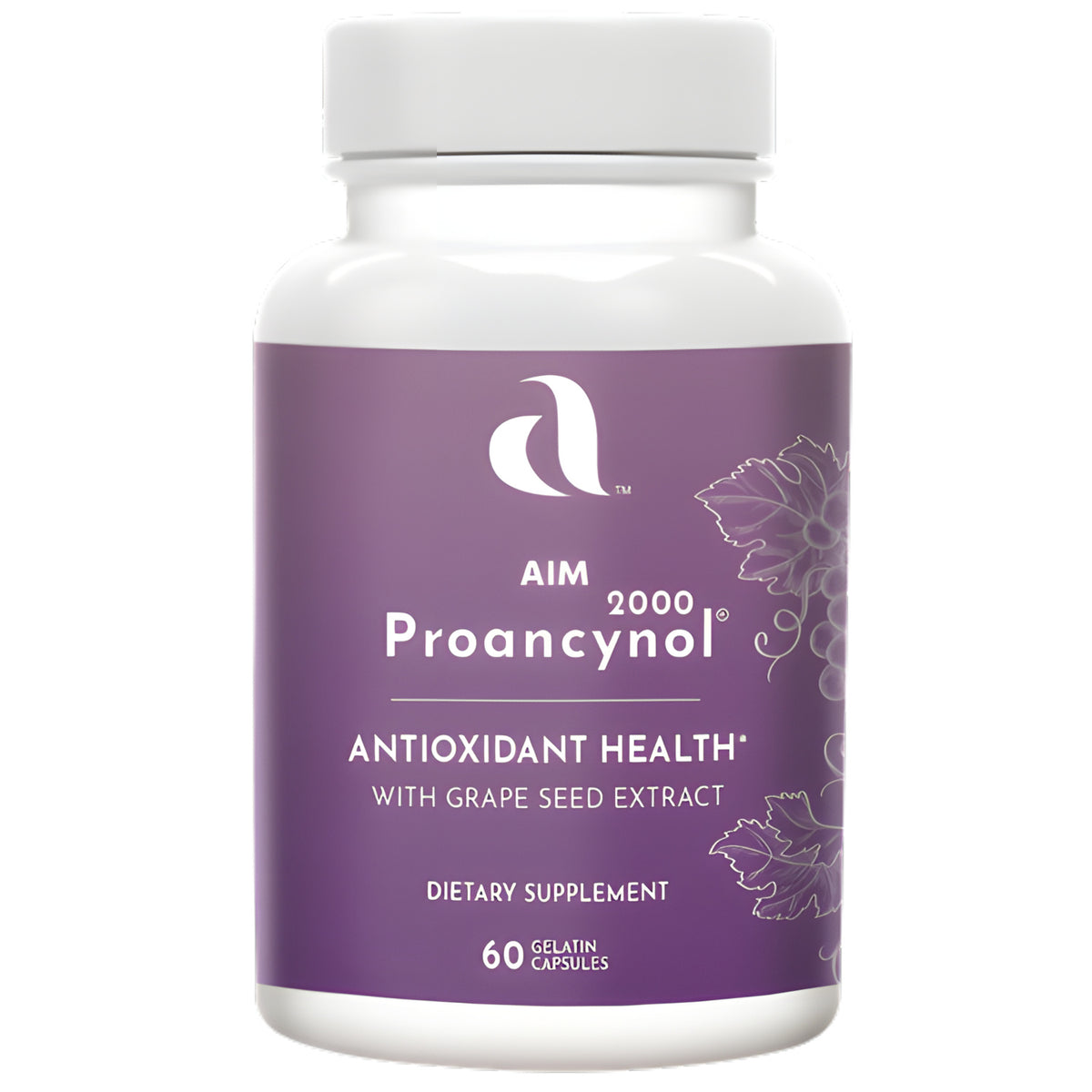 A white plastic bottle of AIM Proancynol 2000 dietary supplement with grape seed extract and antioxidant health formula, 60 gelatin capsules.