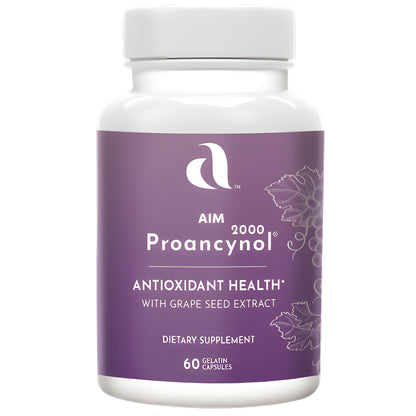 A white plastic bottle of AIM Proancynol 2000 dietary supplement with grape seed extract and antioxidant health formula, 60 gelatin capsules.