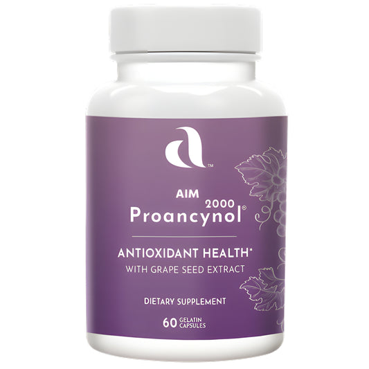 A white plastic bottle of AIM Proancynol 2000 dietary supplement with grape seed extract and antioxidant health formula, 60 gelatin capsules.