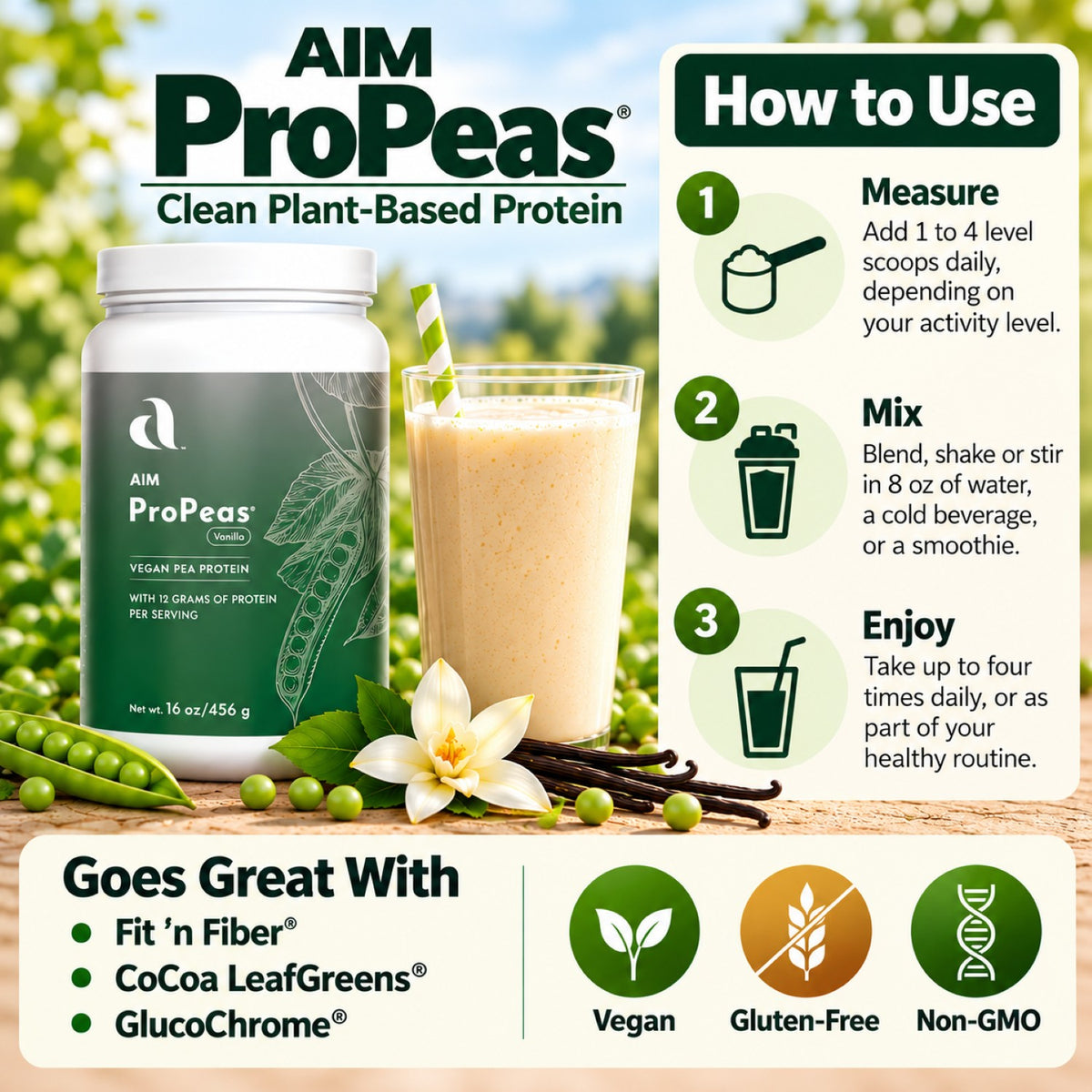 AIM ProPeas Vanilla pea protein how-to-use guide with serving directions and complementary AIM products