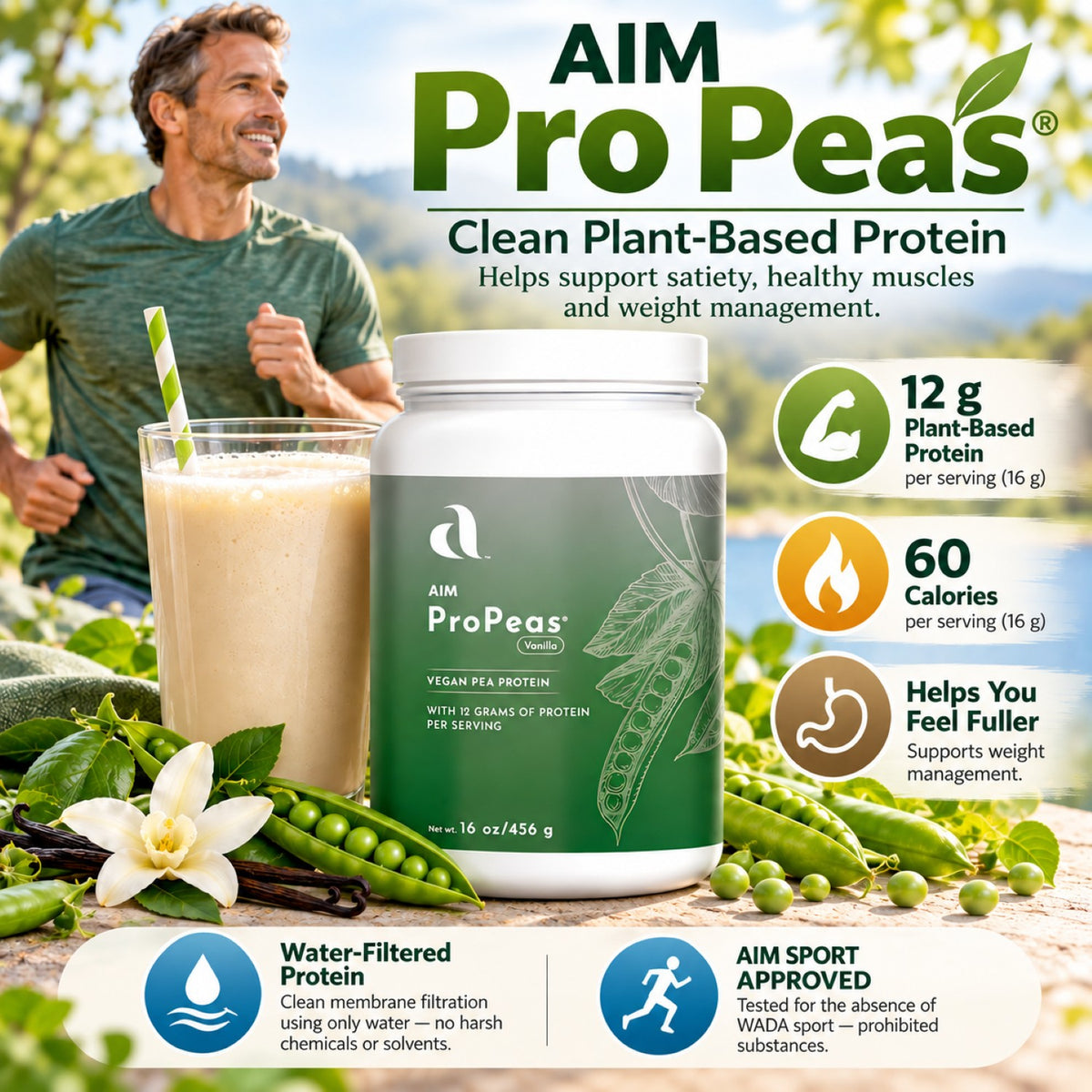AIM ProPeas clean plant-based protein shake with 12 grams of protein, shown with healthy lifestyle imagery