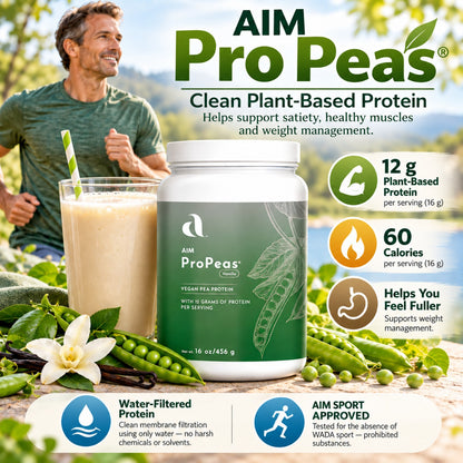 AIM ProPeas clean plant-based protein shake with 12 grams of protein, shown with healthy lifestyle imagery