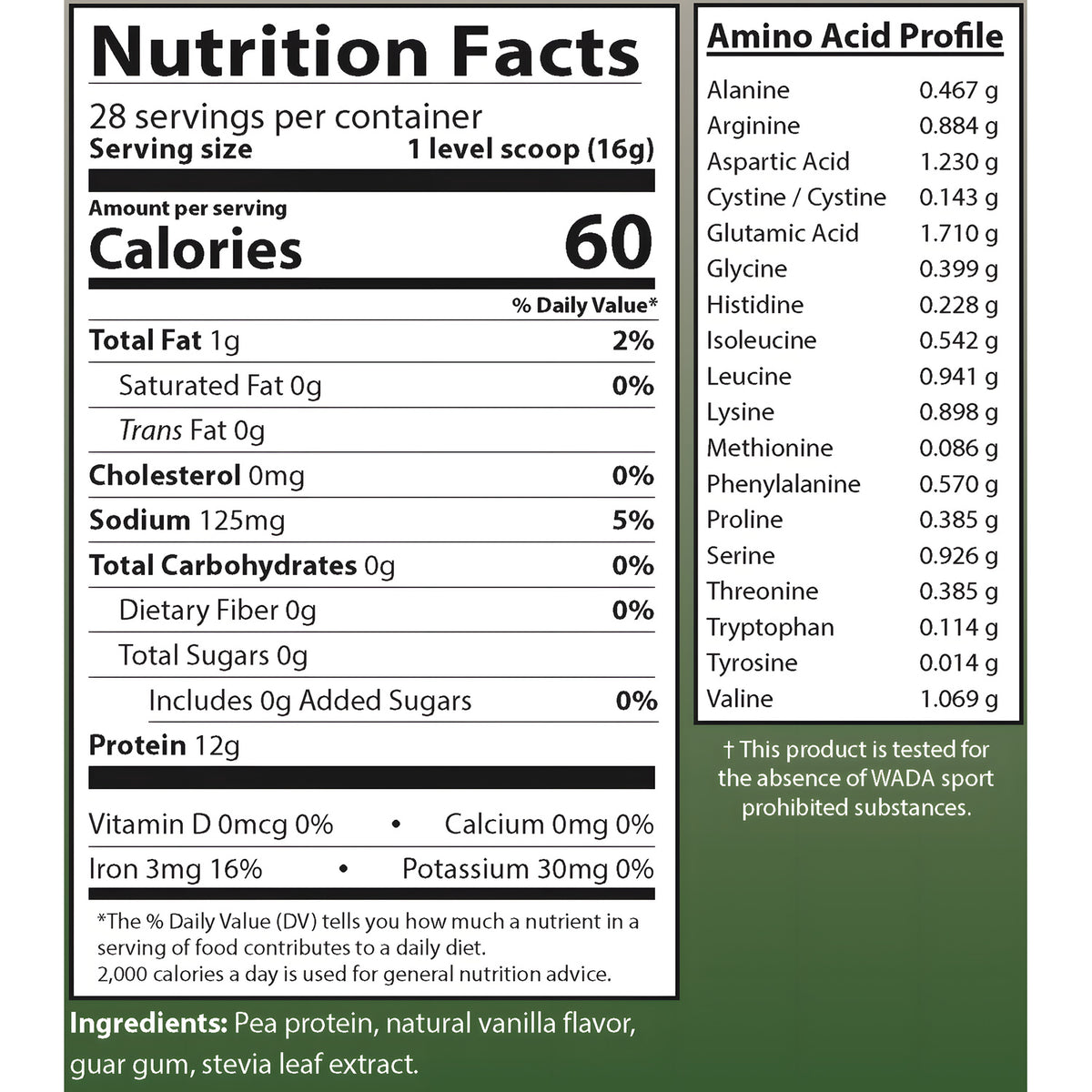 AIM ProPeas Vanilla nutrition facts and amino acid profile showing 12 grams of protein per serving, and an incredible amino acid profile.