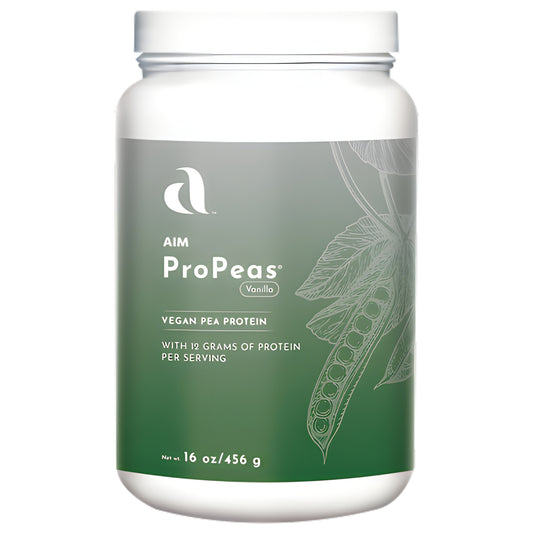 AIM ProPeas Vanilla vegan pea protein powder, 12 grams of protein per serving, 16 oz container