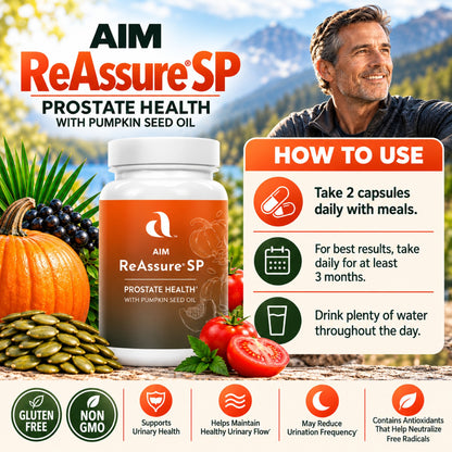 AIM ReAssure SP prostate health supplement bottle shown with usage instructions, dietary icons, and supporting graphics including pumpkin seeds, tomatoes, and a man outdoors.
