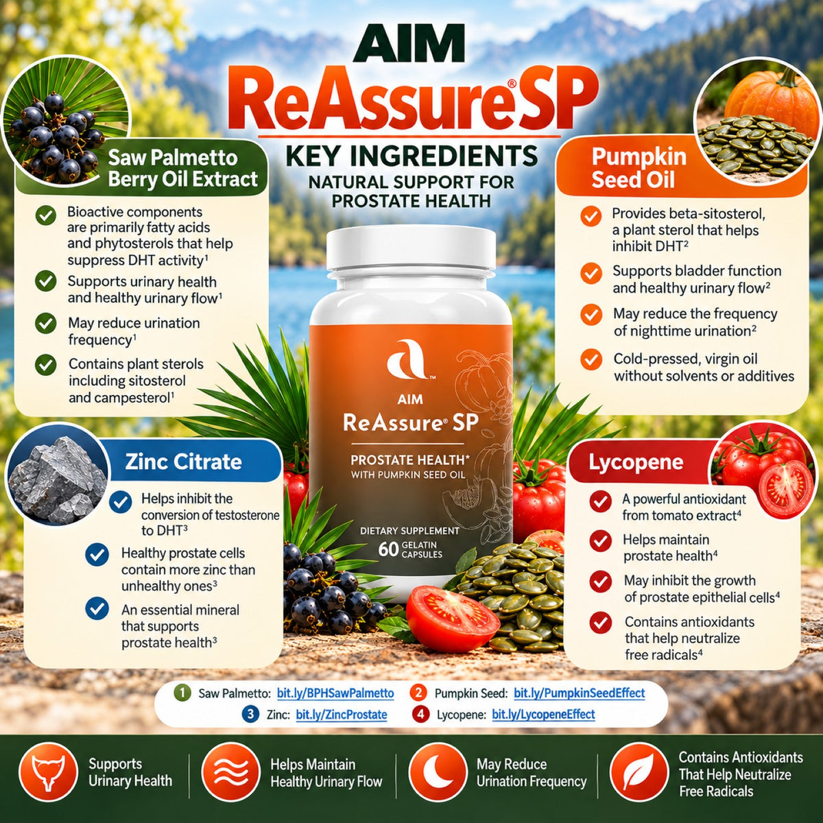 A promotional infographic for AIM ReAssureSP dietary supplement, featuring a central bottle of the product surrounded by ingredient callouts including Saw Palmetto Berry Extract, Pumpkin Seed Oil, Zinc Citrate, and Lycopene, with icons and text on a white background.