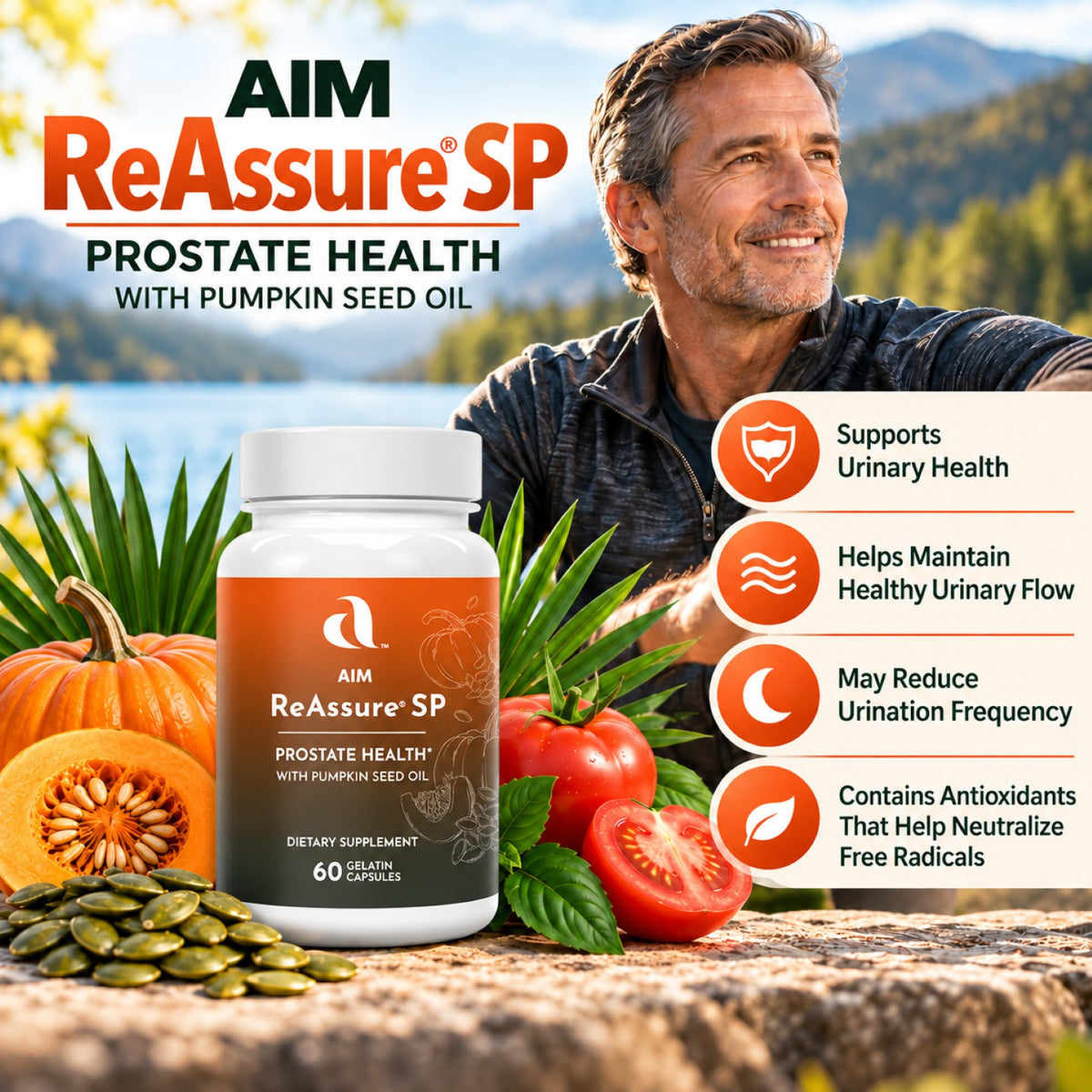 AIM ReAssure SP dietary supplement bottle shown in a promotional outdoor scene with a man smiling in the background, pumpkins, tomatoes, basil, and text callouts about urinary health and prostate support.