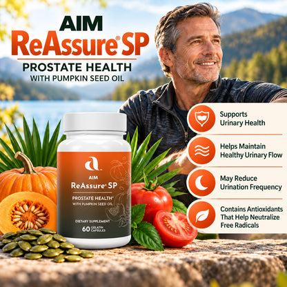 AIM ReAssure SP dietary supplement bottle shown in a promotional outdoor scene with a man smiling in the background, pumpkins, tomatoes, basil, and text callouts about urinary health and prostate support.