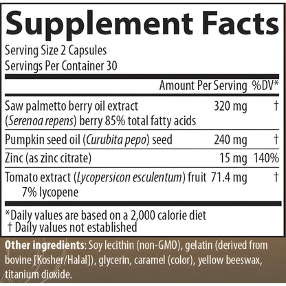 AIM ReAssure SP supplement facts label showing a list of ingredients and daily values. The label reads: Saw palmetto berry oil extract (Serenoa repens) berry 85% total fatty acids, Pumpkin seed oil (Curubita pepo) seed, Zinc (as zinc citrate), and Tomato extract (Lycopersicon esculentum) fruit, with amounts per serving and %DV.